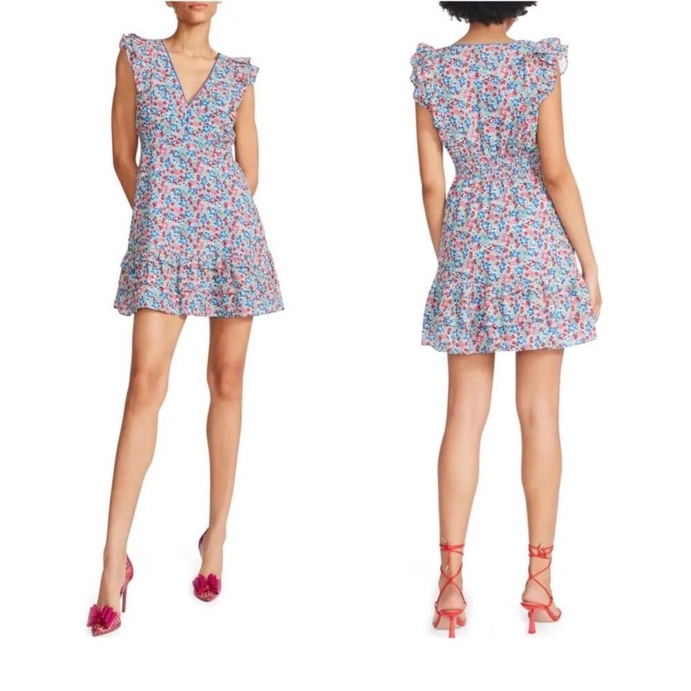 Betsey Johnson Lavish Villa Floral Mini Dress Medium Blue Pink Ruffle V Neck
